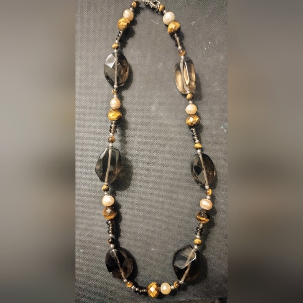 Smoky Quartz, Pearl and Faceted Tiger Eye Necklace